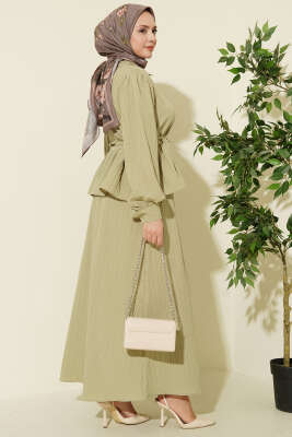 Gömlek Yaka İp Bağcıklı Etekli İkili Takım Çağla Yeşili - İkili Takım