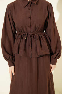 Gömlek Yaka İp Bağcıklı Etekli İkili Takım Kahve - İkili Takım