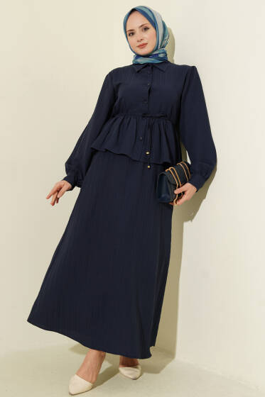Gömlek Yaka İp Bağcıklı Etekli İkili Takım Lacivert - İkili Takım