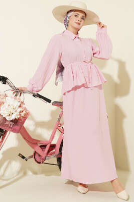 Gömlek Yaka İp Bağcıklı Etekli İkili Takım Pembe - TABLO FASHİON