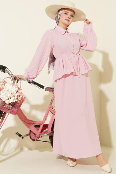 Gömlek Yaka İp Bağcıklı Etekli İkili Takım Pembe - İkili Takım