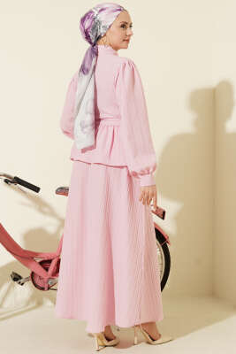 Gömlek Yaka İp Bağcıklı Etekli İkili Takım Pembe - İkili Takım