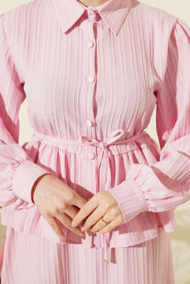 Gömlek Yaka İp Bağcıklı Etekli İkili Takım Pembe - İkili Takım