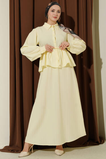 Gömlek Yaka İp Bağcıklı Etekli İkili Takım Sarı - İkili Takım