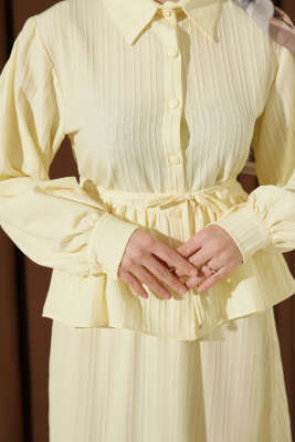 Gömlek Yaka İp Bağcıklı Etekli İkili Takım Sarı - İkili Takım