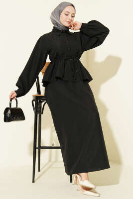 Gömlek Yaka İp Bağcıklı Etekli İkili Takım Siyah - TABLO FASHİON
