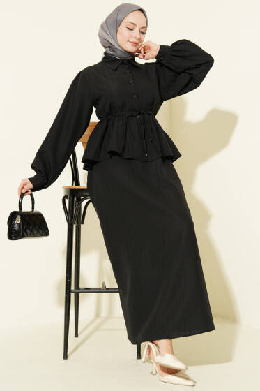 Gömlek Yaka İp Bağcıklı Etekli İkili Takım Siyah - İkili Takım