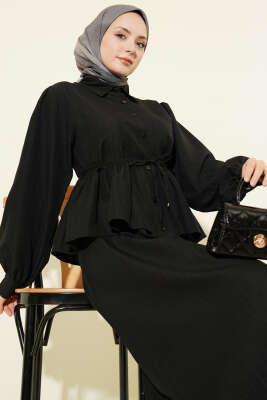 Gömlek Yaka İp Bağcıklı Etekli İkili Takım Siyah - İkili Takım