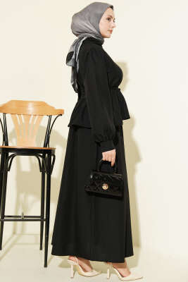 Gömlek Yaka İp Bağcıklı Etekli İkili Takım Siyah - İkili Takım