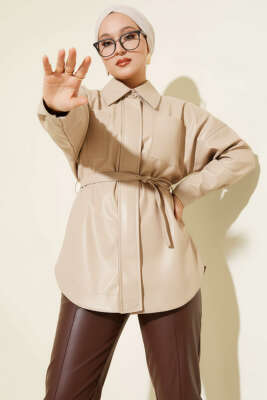 Gömlek Yaka İp Kuşaklı Deri Ceket Bej - Ceket