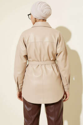 Gömlek Yaka İp Kuşaklı Deri Ceket Bej - Ceket