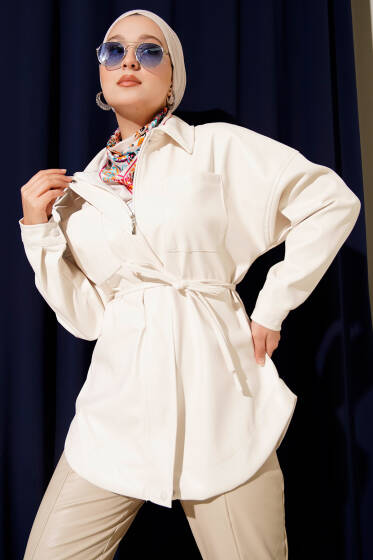 Gömlek Yaka İp Kuşaklı Deri Ceket Ekru - Ceket