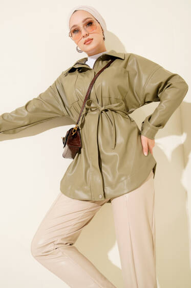 Gömlek Yaka İp Kuşaklı Deri Ceket Haki - Ceket