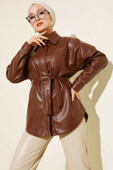 Gömlek Yaka İp Kuşaklı Deri Ceket Kahve - Ceket