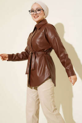 Gömlek Yaka İp Kuşaklı Deri Ceket Kahve - Ceket