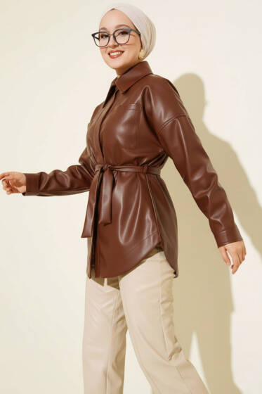 Gömlek Yaka İp Kuşaklı Deri Ceket Kahve - Ceket