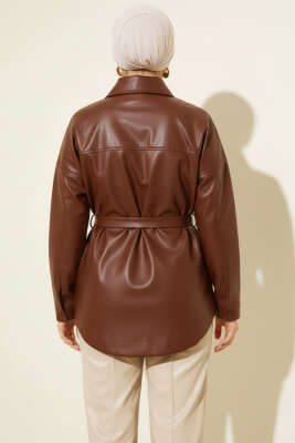 Gömlek Yaka İp Kuşaklı Deri Ceket Kahve - Ceket