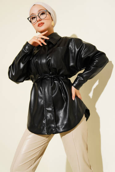 Gömlek Yaka İp Kuşaklı Deri Ceket Siyah - Ceket