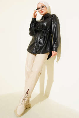 Gömlek Yaka İp Kuşaklı Deri Ceket Siyah - BERAT TEKSTİL