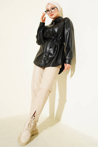 Gömlek Yaka İp Kuşaklı Deri Ceket Siyah - Ceket