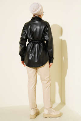 Gömlek Yaka İp Kuşaklı Deri Ceket Siyah - Ceket