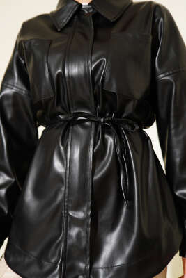 Gömlek Yaka İp Kuşaklı Deri Ceket Siyah - Ceket