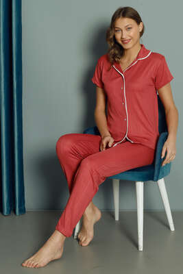 Gömlek Yaka Kadın Pijama Takım Gül Kurusu - Kadın Pijama Takımı