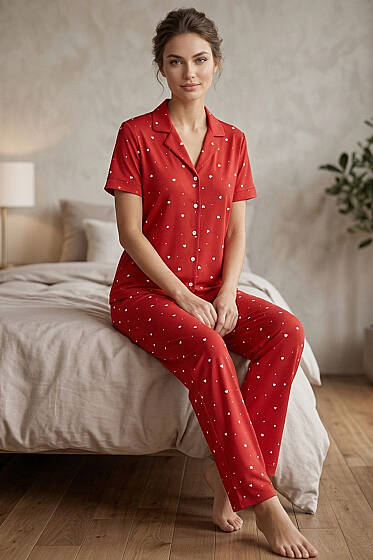 Gömlek Yaka Kalp Benekli Kısa Kol Pijama Takımı Kırmızı - Pijama