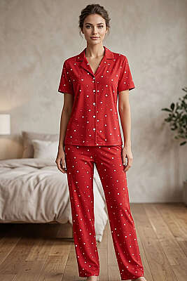 Gömlek Yaka Kalp Benekli Kısa Kol Pijama Takımı Kırmızı - Pijama