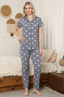 Gömlek Yaka Kalp Desenli Pijama Takımı Gri - Pijama