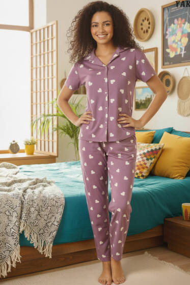 Gömlek Yaka Kalp Desenli Pijama Takımı Lila - Pijama