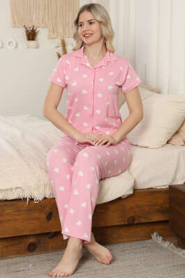 Gömlek Yaka Kalp Desenli Pijama Takımı Pembe - Pijama