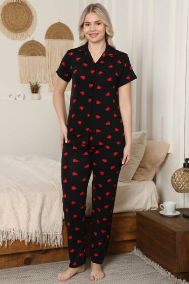 Gömlek Yaka Kalp Desenli Pijama Takımı Siyah - Pijama
