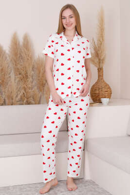 Gömlek Yaka Kalpli Kısa Kol Pijama Takımı Beyaz - Kadın Pijama Takımı