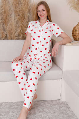 Gömlek Yaka Kalpli Kısa Kol Pijama Takımı Beyaz