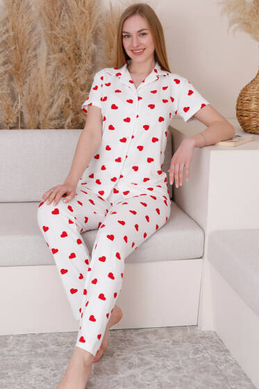 Gömlek Yaka Kalpli Kısa Kol Pijama Takımı Beyaz - Pijama