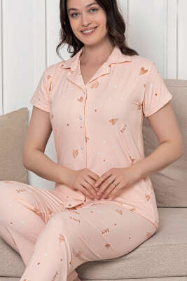 Gömlek Yaka Kalpli Love Yazılı Pijama Takım Yavru Ağzı - Pijama