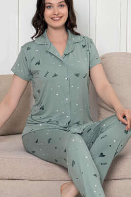 Gömlek Yaka Kalpli Love Yazılı Pijama Takım Yeşil - Kadın Pijama Takımı