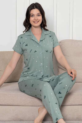 Gömlek Yaka Kalpli Love Yazılı Pijama Takım Yeşil - Pijama