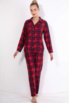 Gömlek Yaka Kare Çizgi Detaylı Pijama Takımı Kırmızı Lacivert - GLİSA