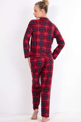 Gömlek Yaka Kare Çizgi Detaylı Pijama Takımı Kırmızı Lacivert - Pijama