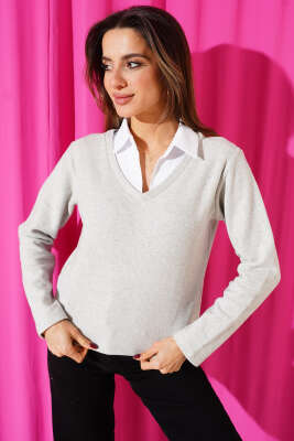 Gömlek Yaka Kaşe Sweatshirt Gri - Kadın Giyim Modelleri