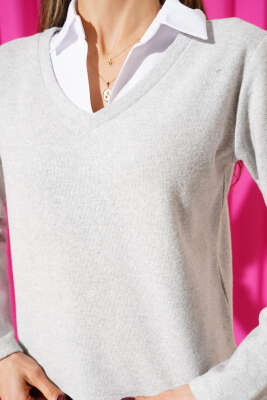 Gömlek Yaka Kaşe Sweatshirt Gri - Kadın Giyim Modelleri