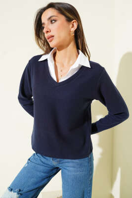 Gömlek Yaka Kaşe Sweatshirt Lacivert - Kadın Giyim Modelleri