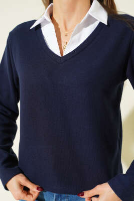 Gömlek Yaka Kaşe Sweatshirt Lacivert - Kadın Giyim Modelleri