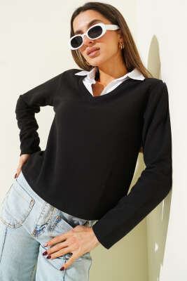 Gömlek Yaka Kaşe Sweatshirt Siyah - Kadın Giyim Modelleri