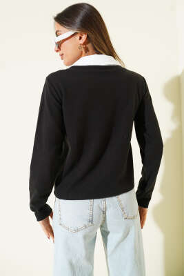 Gömlek Yaka Kaşe Sweatshirt Siyah - Kadın Giyim Modelleri