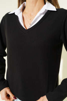 Gömlek Yaka Kaşe Sweatshirt Siyah - Kadın Giyim Modelleri