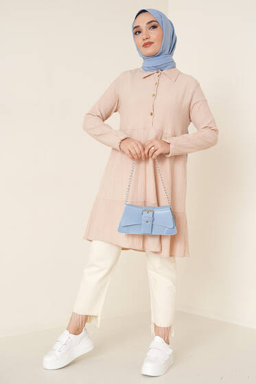 Gömlek Yaka Kat Detaylı Tunik Bej - Tunik