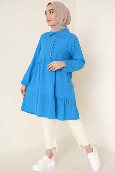 Gömlek Yaka Kat Detaylı Tunik İndigo - Tunik